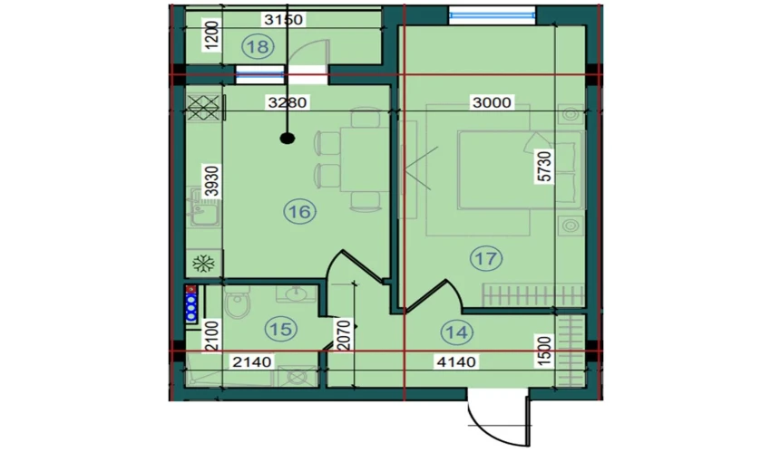 1-xonali xonadon 93.7 m²  7/7 qavat | Bristol Turar-joy majmuasi