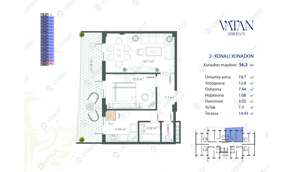 2-xonali xonadon 54.3 m²  15/15 qavat