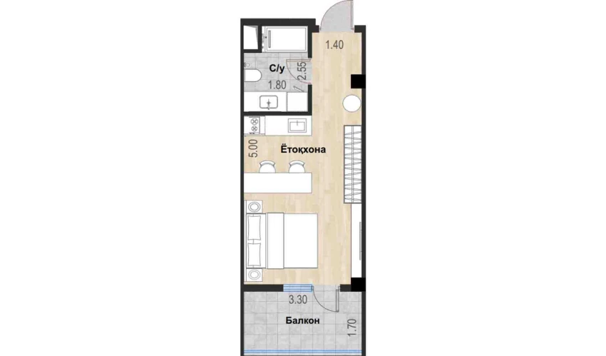 1-xonali xonadon 29.92 m²  3/7 qavat | Bochka Resort Turar-joy majmuasi