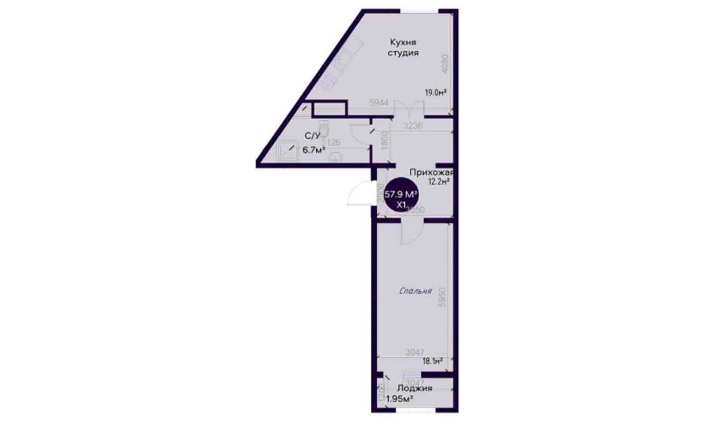 1-комнатная квартира 57.9 м²  2/2 этаж