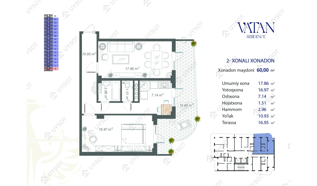 2-комнатная квартира 60 м²  15/15 этаж