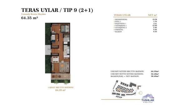 3-xonali xonadon 56.4 m²  3/4 qavat | TUSHLAR VODIYSI Turar-joy majmuasi