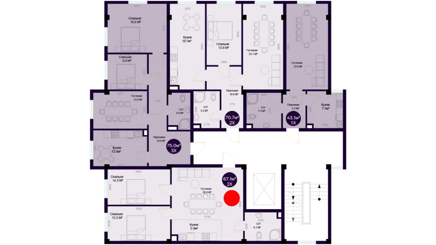 2-комнатная квартира 67.1 м²  7/7 этаж