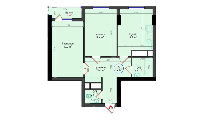 2-xonali xonadon 74.1 m²  13/25 qavat | Brilliant City Turar-joy majmuasi