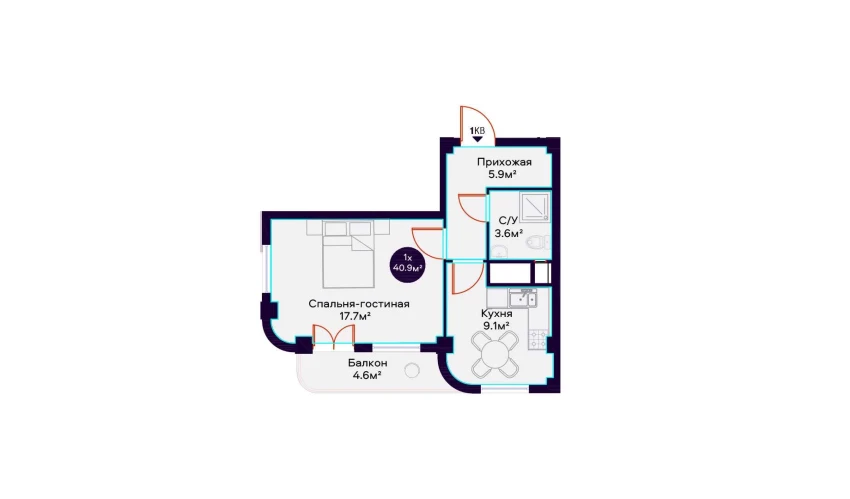 1-xonali xonadon 40.9 m²  16/16 qavat | Havas Premium Turar-joy majmuasi