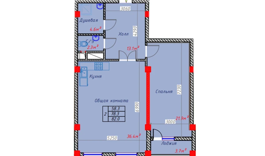 2-xonali xonadon 82 m²  5/9 qavat | Hakimi Towers Turar-joy majmuasi