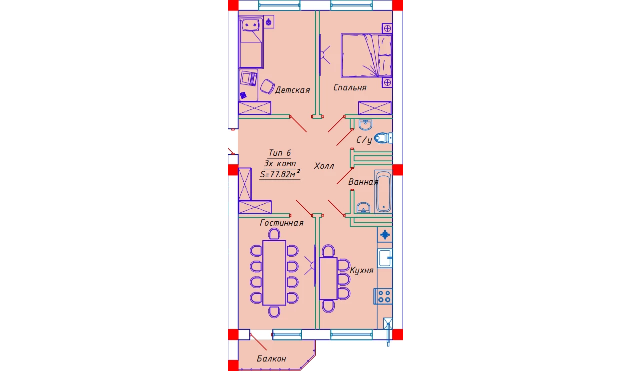 3-комнатная квартира 77.82 м²  10/10 этаж