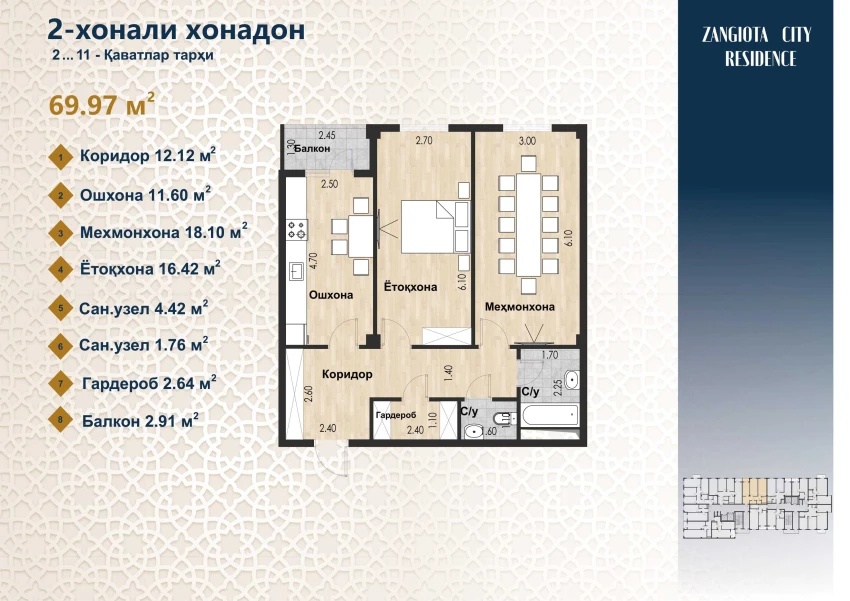 1-комн. квартира 69.97 м²  2/12 этаж | Жилой комплекс Zangota City 1 -ETAP