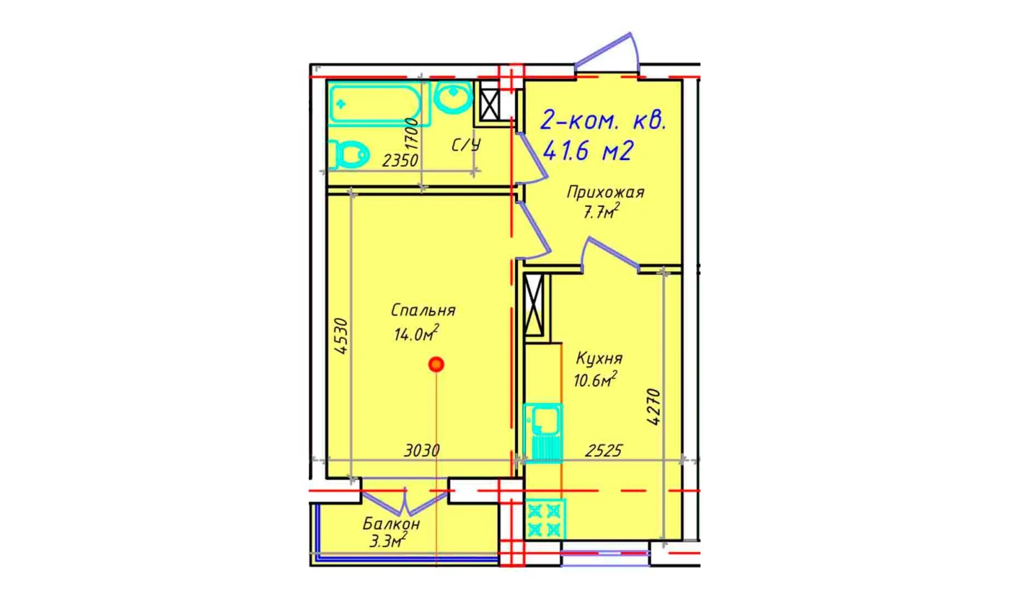 1-комнатная квартира 41.6 м²  4/4 этаж