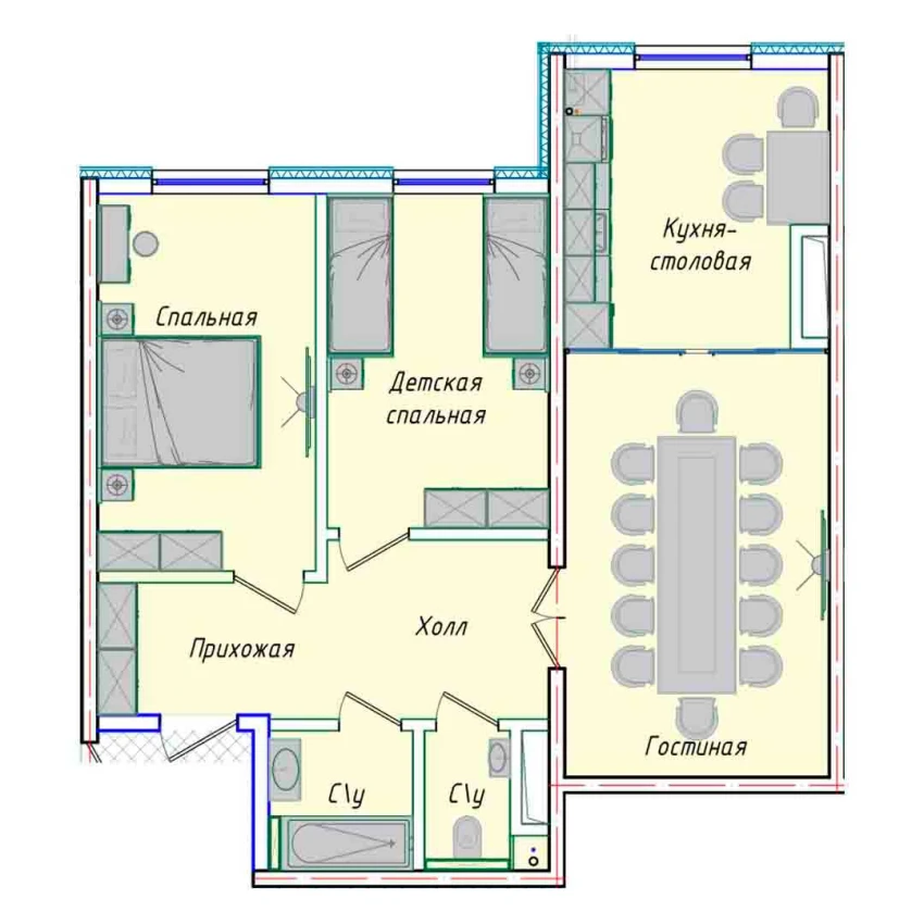 3-комнатная квартира 74.14 м²  1/1 этаж