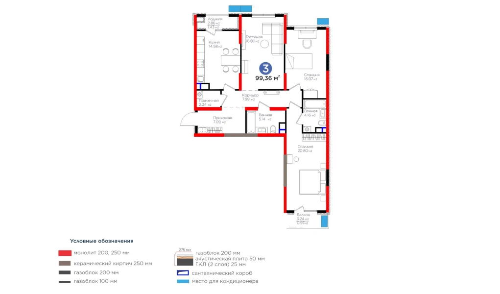 3-комнатная квартира 99.36 м²  6/6 этаж