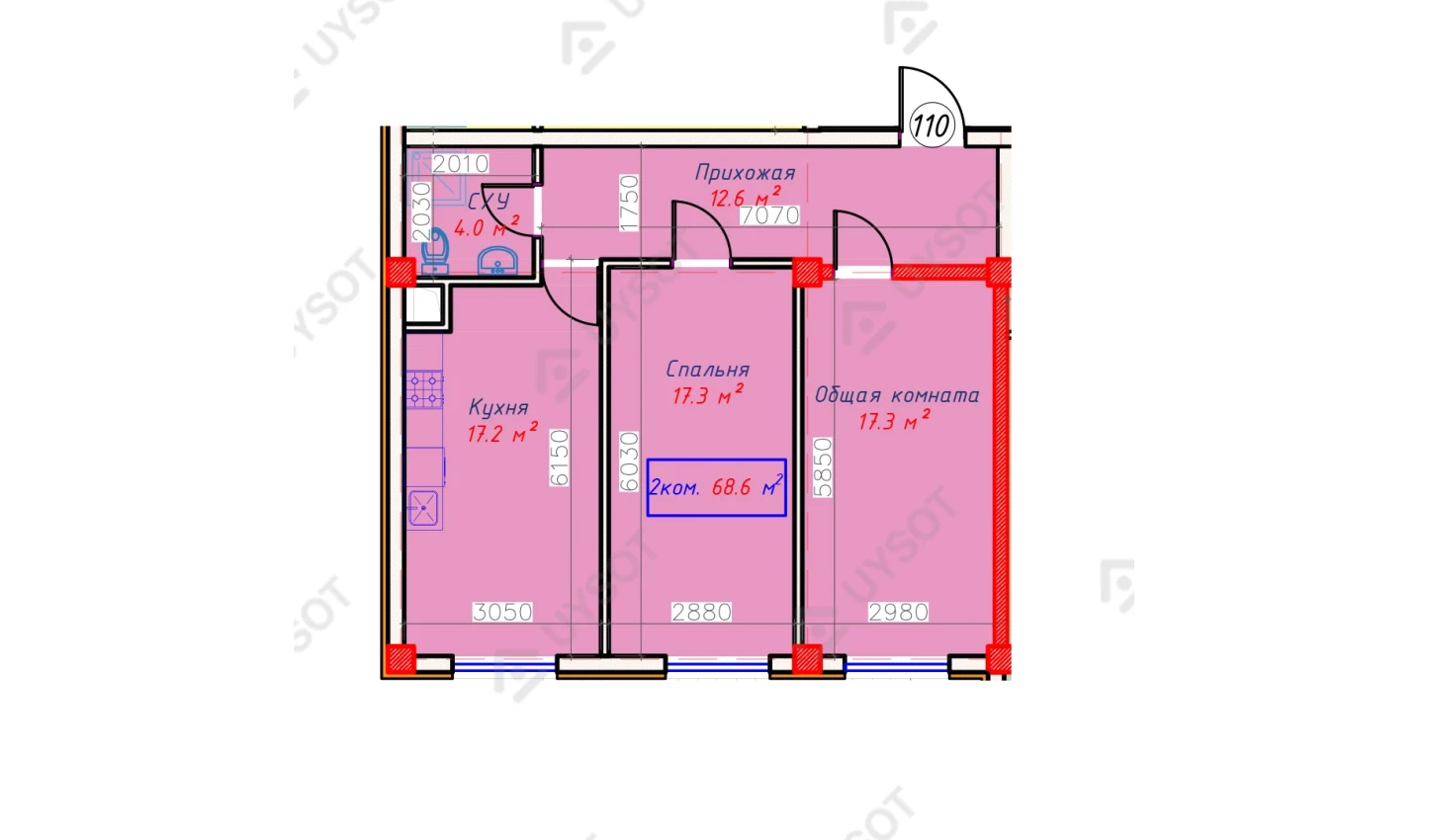 2-комнатная квартира 68.6 м²  1/1 этаж