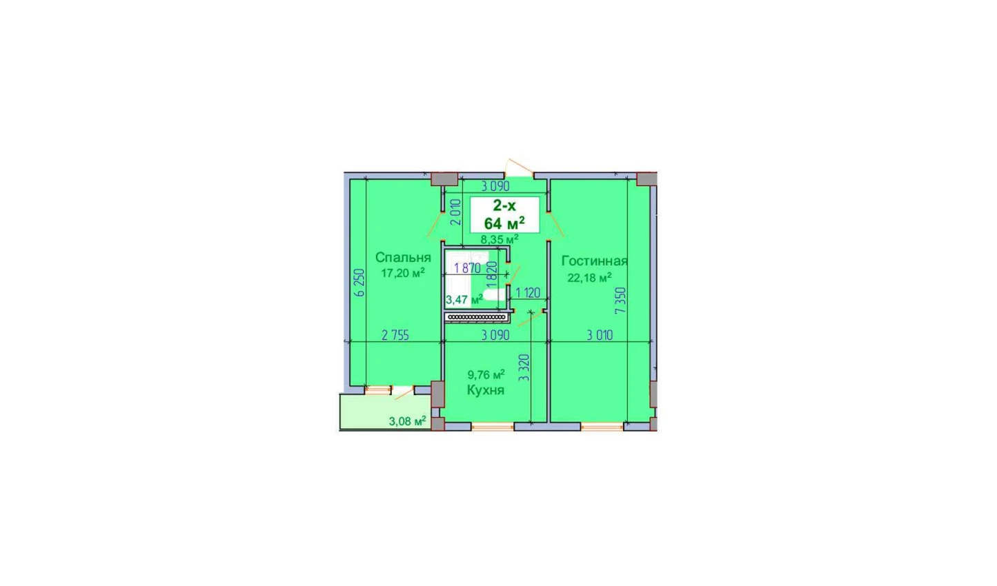 2-комнатная квартира 64 м²  9/9 этаж