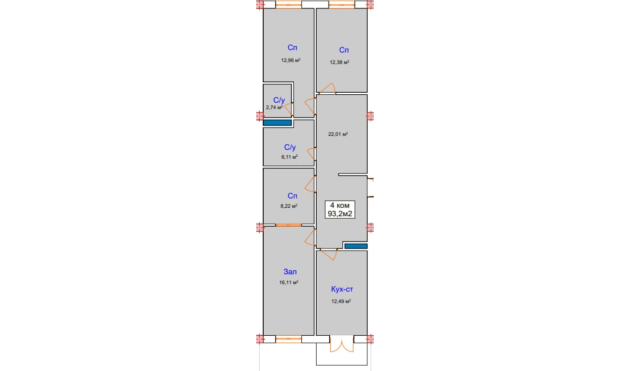 4-комнатная квартира 93.2 м²  7/7 этаж