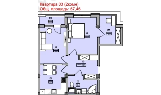 2-комнатная квартира 67.46 м²  3/3 этаж