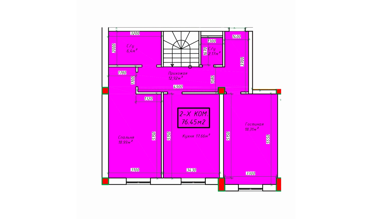 2-xonali xonadon 76.45 m²  1/1 qavat