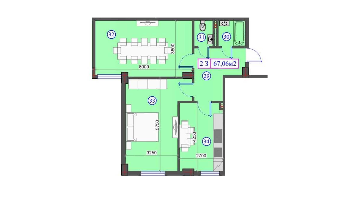 2-комнатная квартира 67.06 м²  1/1 этаж