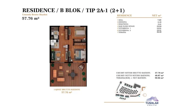 3-xonali xonadon 59.82 m²  1/6 qavat | TUSHLAR VODIYSI Turar-joy majmuasi