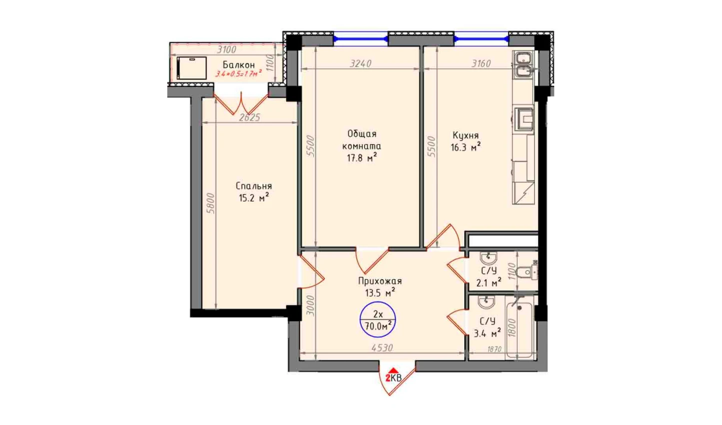 2-xonali xonadon 70 m²  5/5 qavat