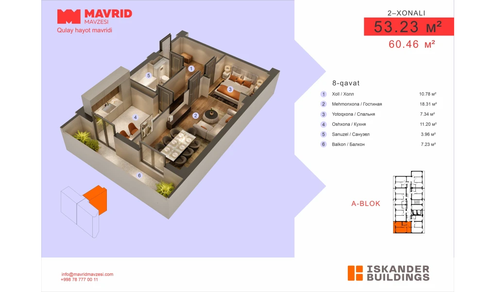 2-комнатная квартира 53.23 м²  8/8 этаж