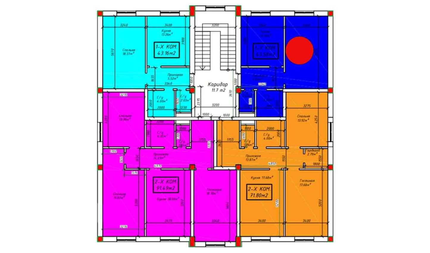 1-xonali xonadon 43.58 m²  3/3 qavat