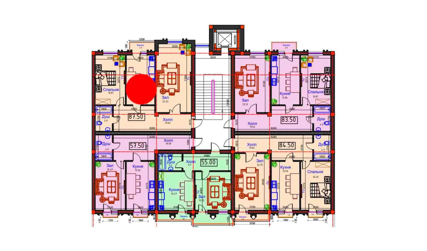 2-xonali xonadon 87.5 m²  8/8 qavat