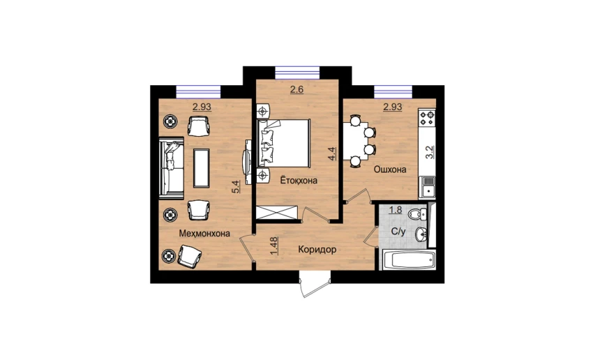 2-комнатная квартира 53.73 м²  1/5 этаж | Жилой комплекс QIZILTEPA