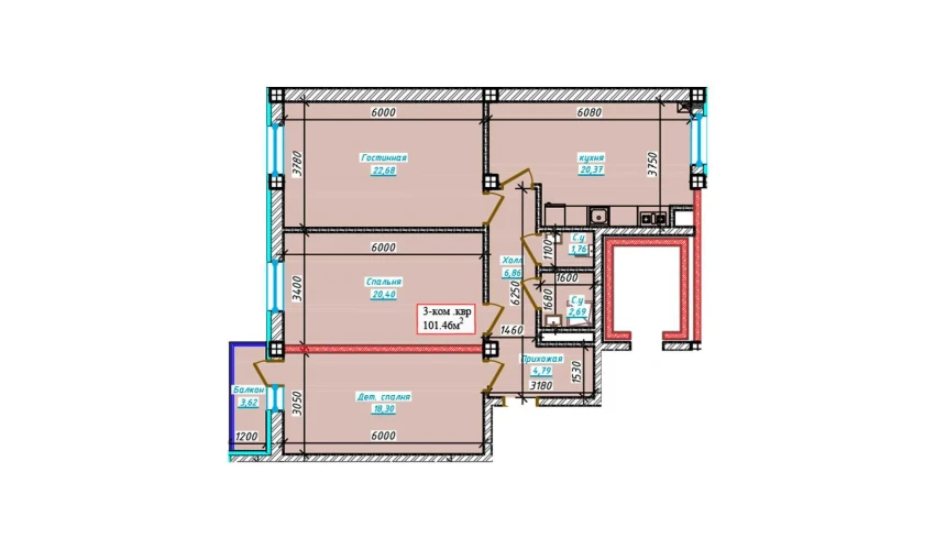 3-комнатная квартира 101.46 м²  8/9 этаж | Жилой комплекс Aero Town