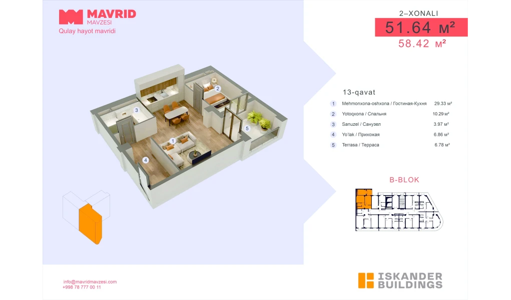 2-комнатная квартира 51.64 м²  13/13 этаж