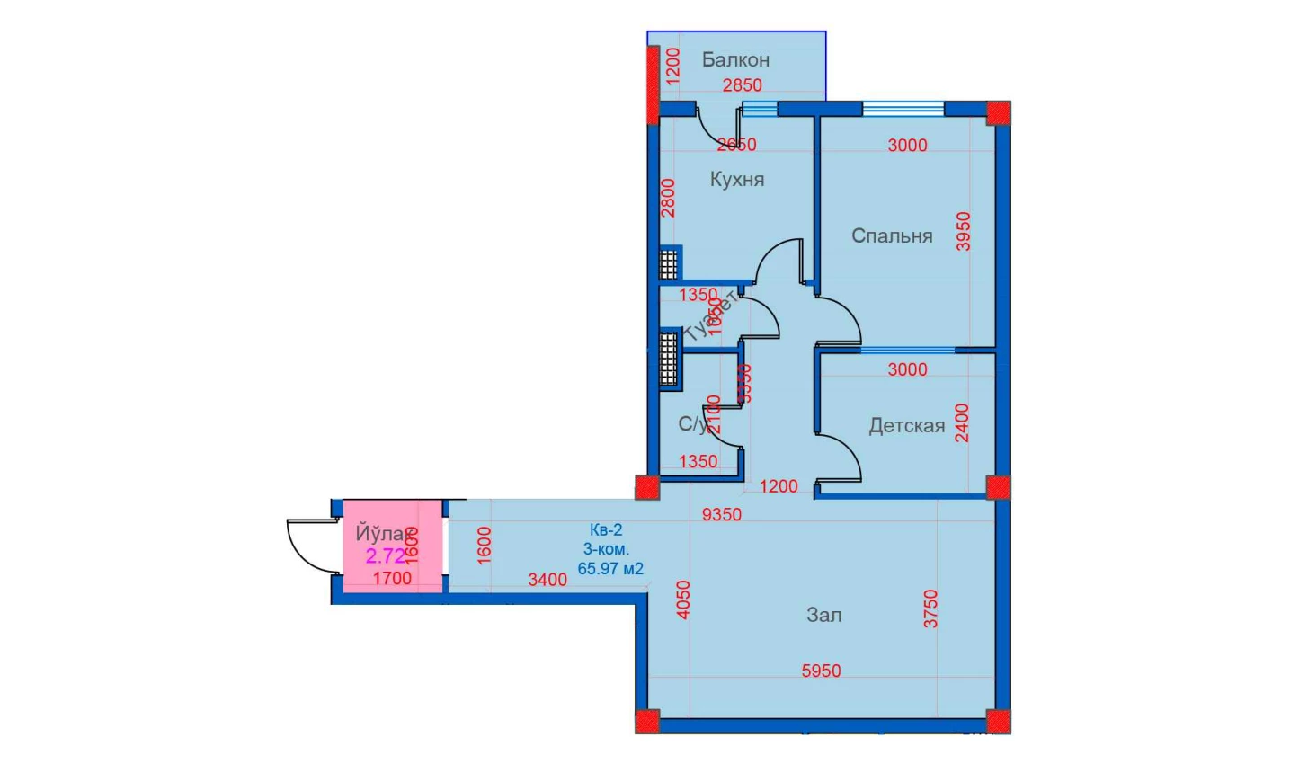 3-комнатная квартира 65.97 м²  3/3 этаж