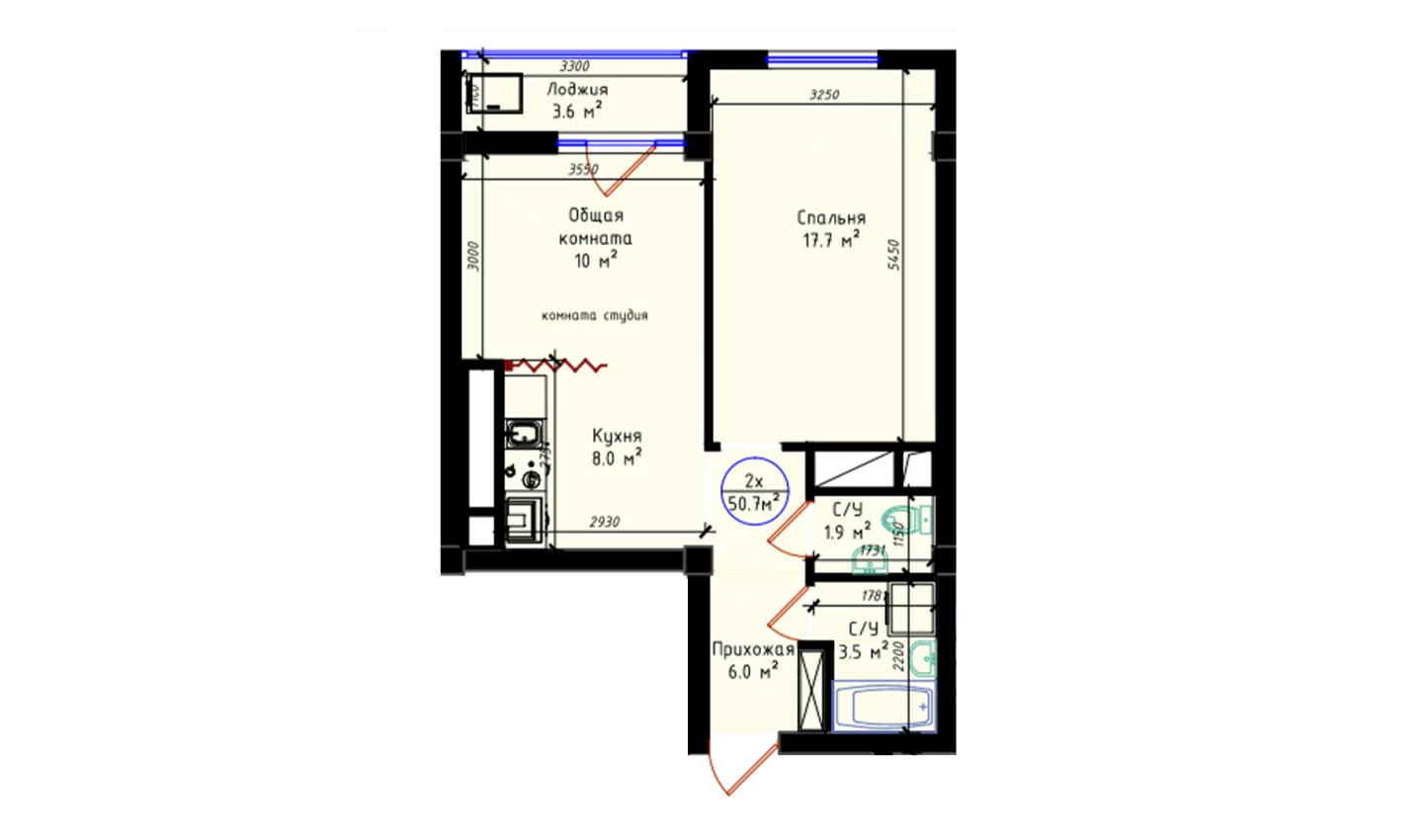 2-комнатная квартира 50.7 м²  1/1 этаж