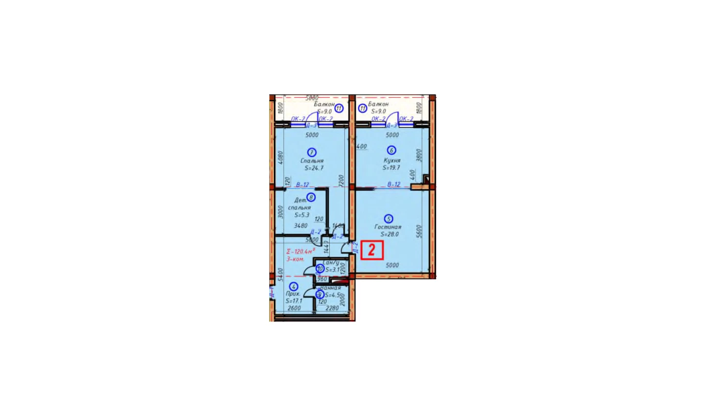 3-комнатная квартира 120.4 м²  4/4 этаж