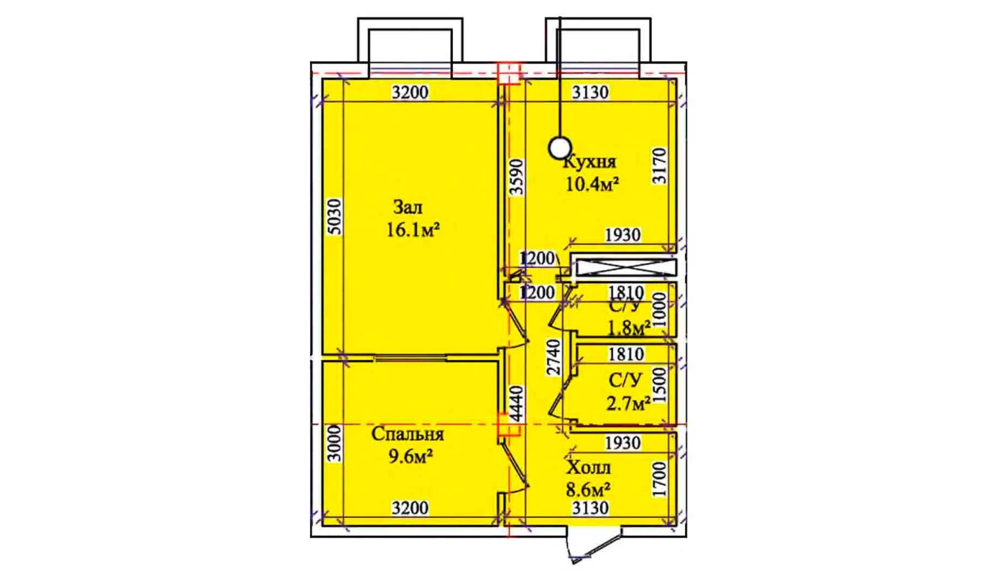 2-комнатная квартира 51.5 м²  1/1 этаж