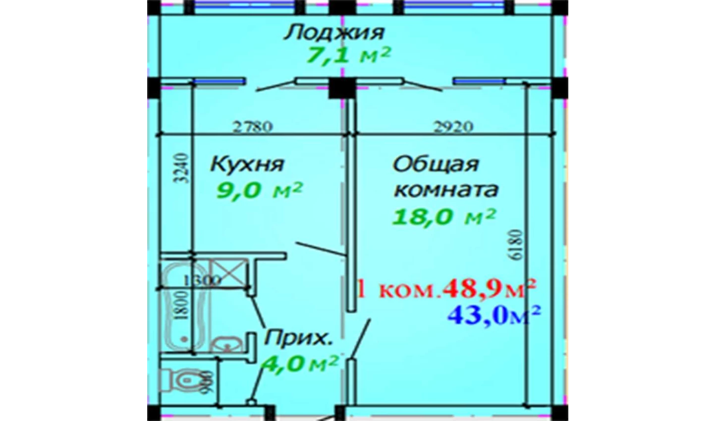 1-xonali xonadon 48.9 m²  1/1 qavat