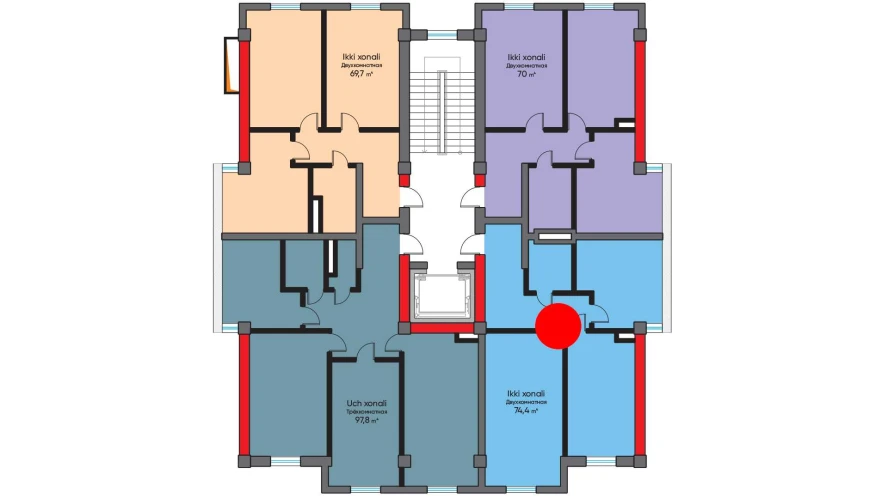 2-xonali xonadon 74.4 m²  7/7 qavat