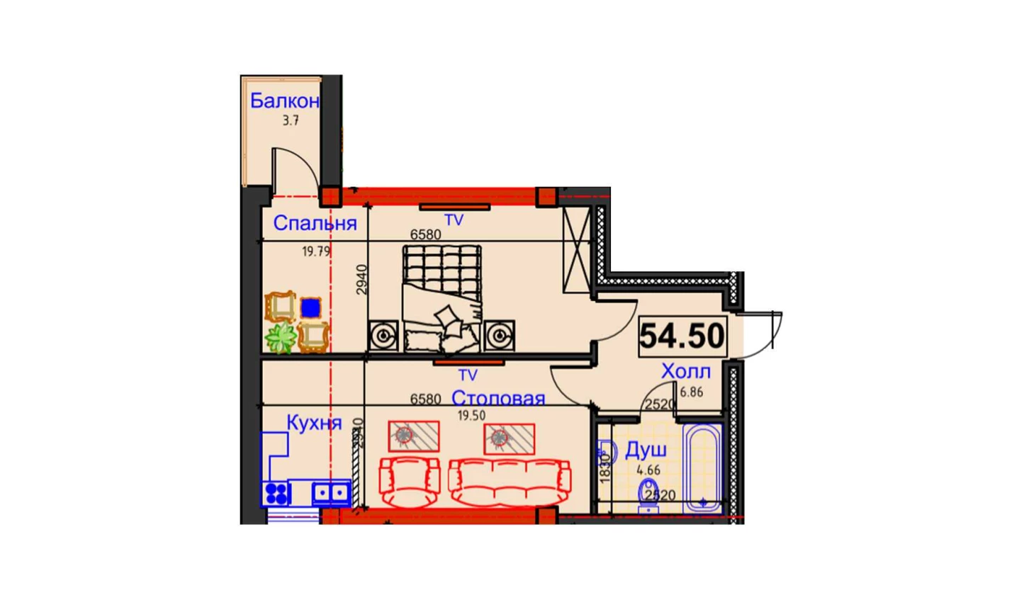 1-комнатная квартира 54.5 м²  10/10 этаж