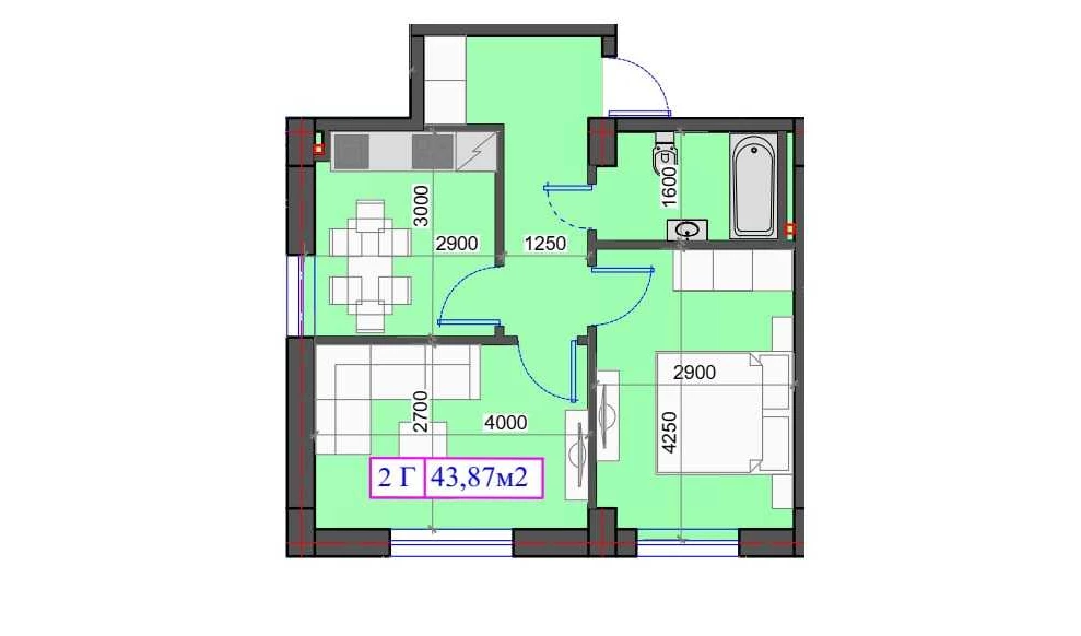 2-xonali xonadon 43.87 m²  0/0 qavat