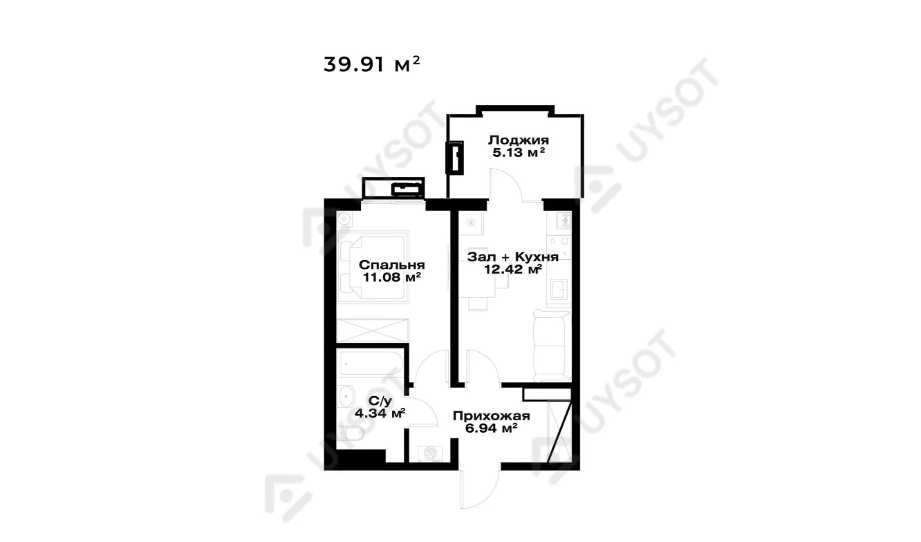 1-комнатная квартира 33.91 м²  2/2 этаж