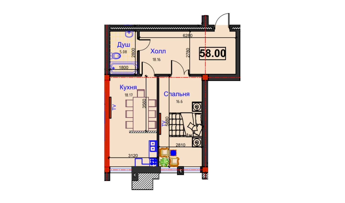 1-комнатная квартира 58 м²  11/11 этаж