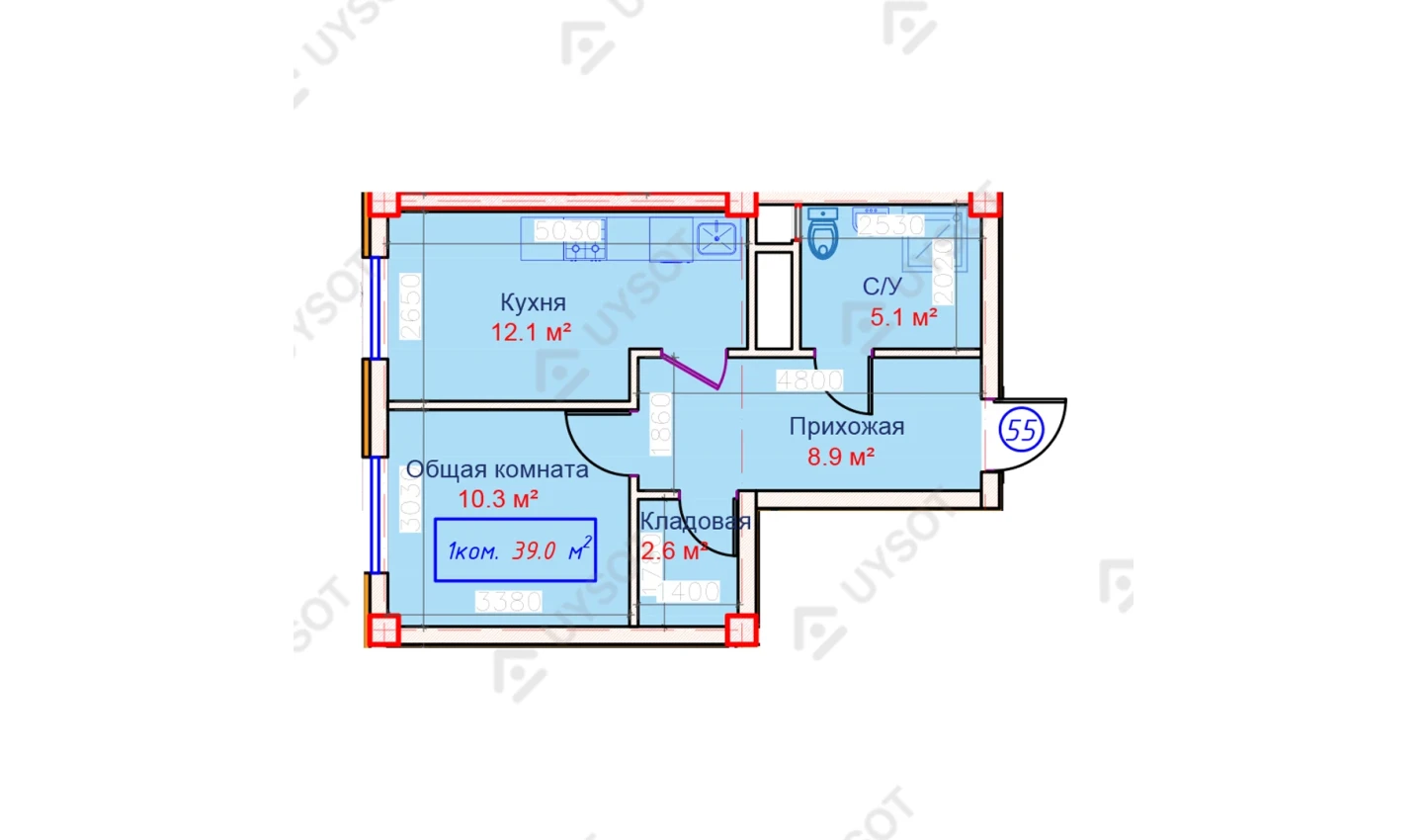 1-xonali xonadon 39 m²  2/2 qavat