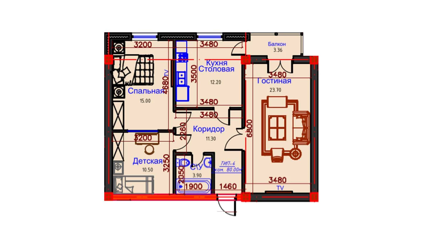 3-xonali xonadon 80 m²  8/8 qavat