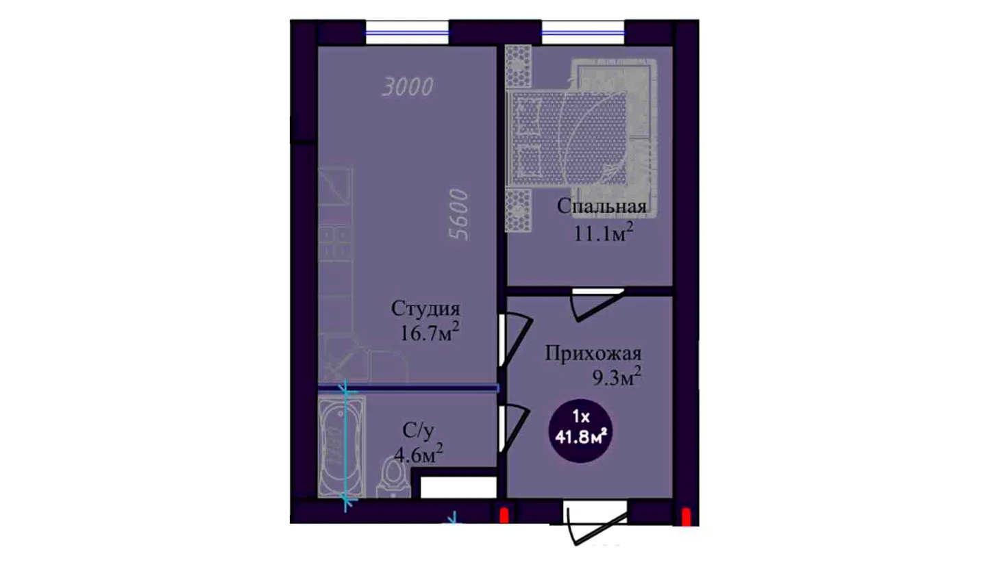 1-xonali xonadon 41.8 m²  4/4 qavat