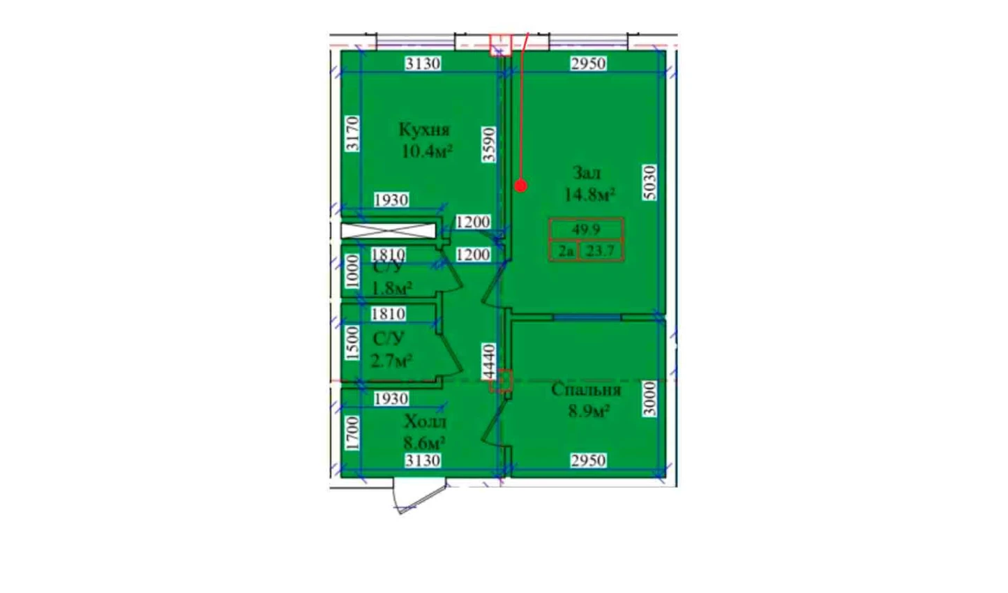 2-комнатная квартира 49.9 м²  1/1 этаж