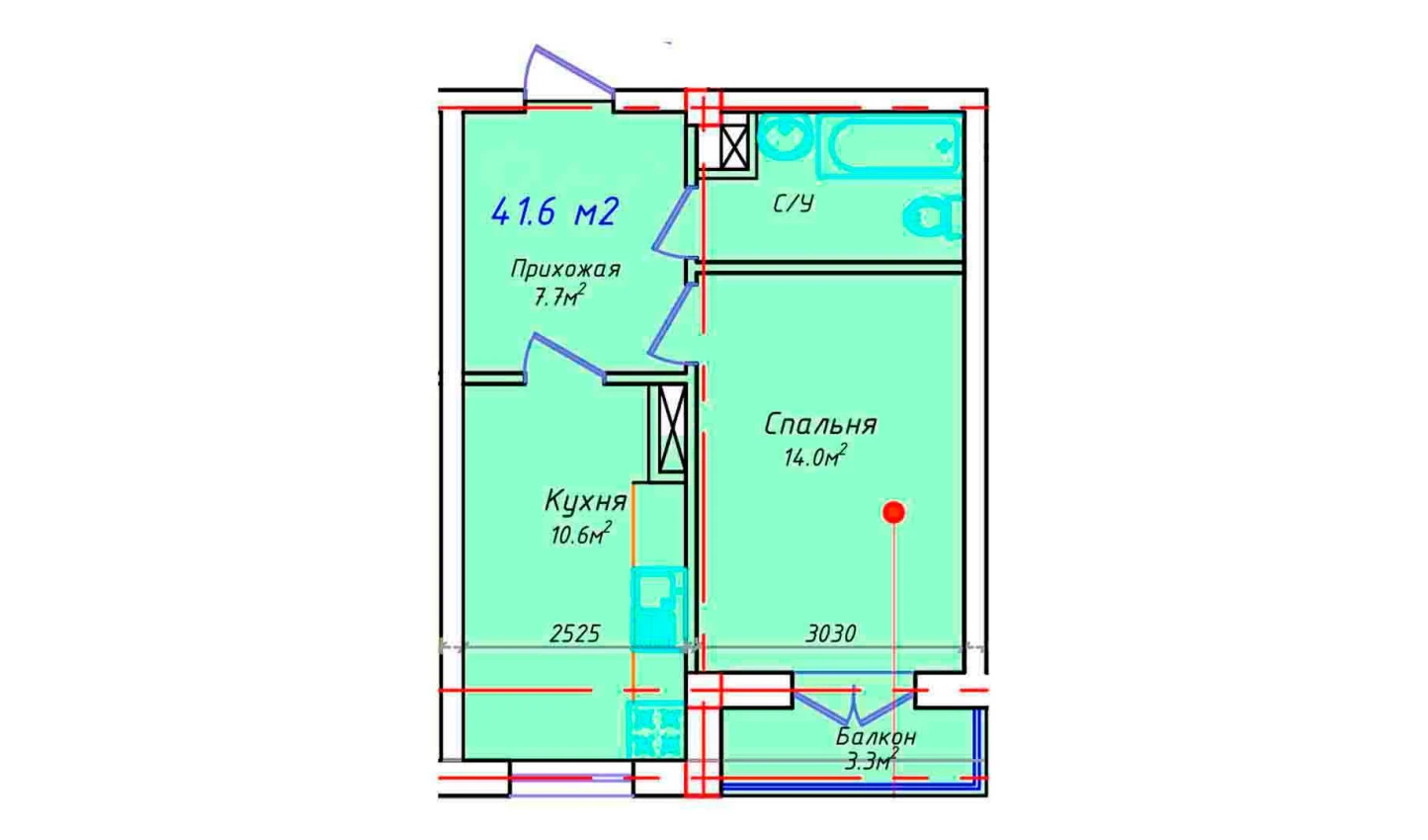 1-комнатная квартира 41.6 м²  4/4 этаж