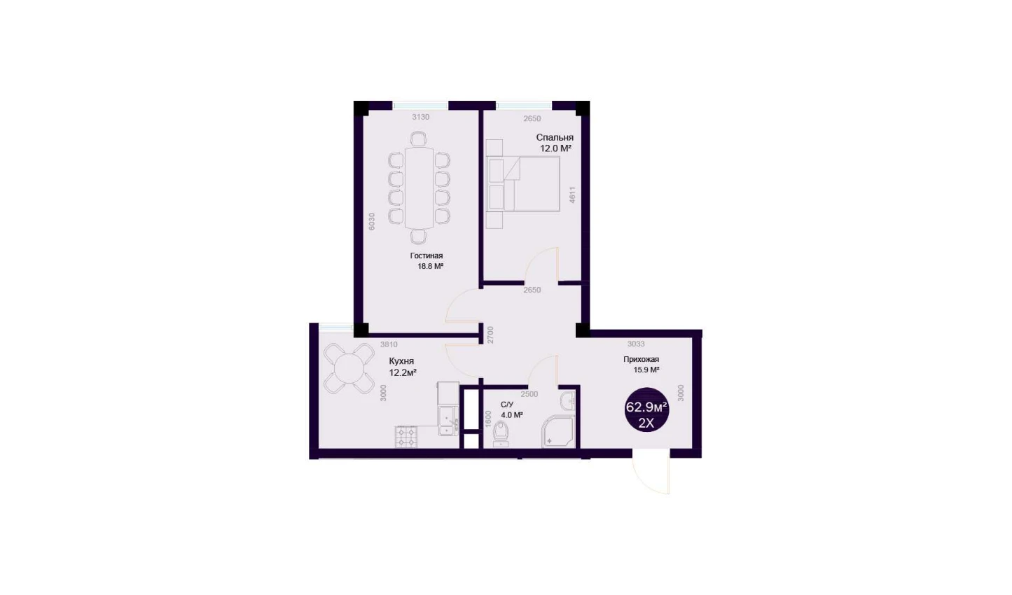 2-комнатная квартира 62.9 м²  7/7 этаж