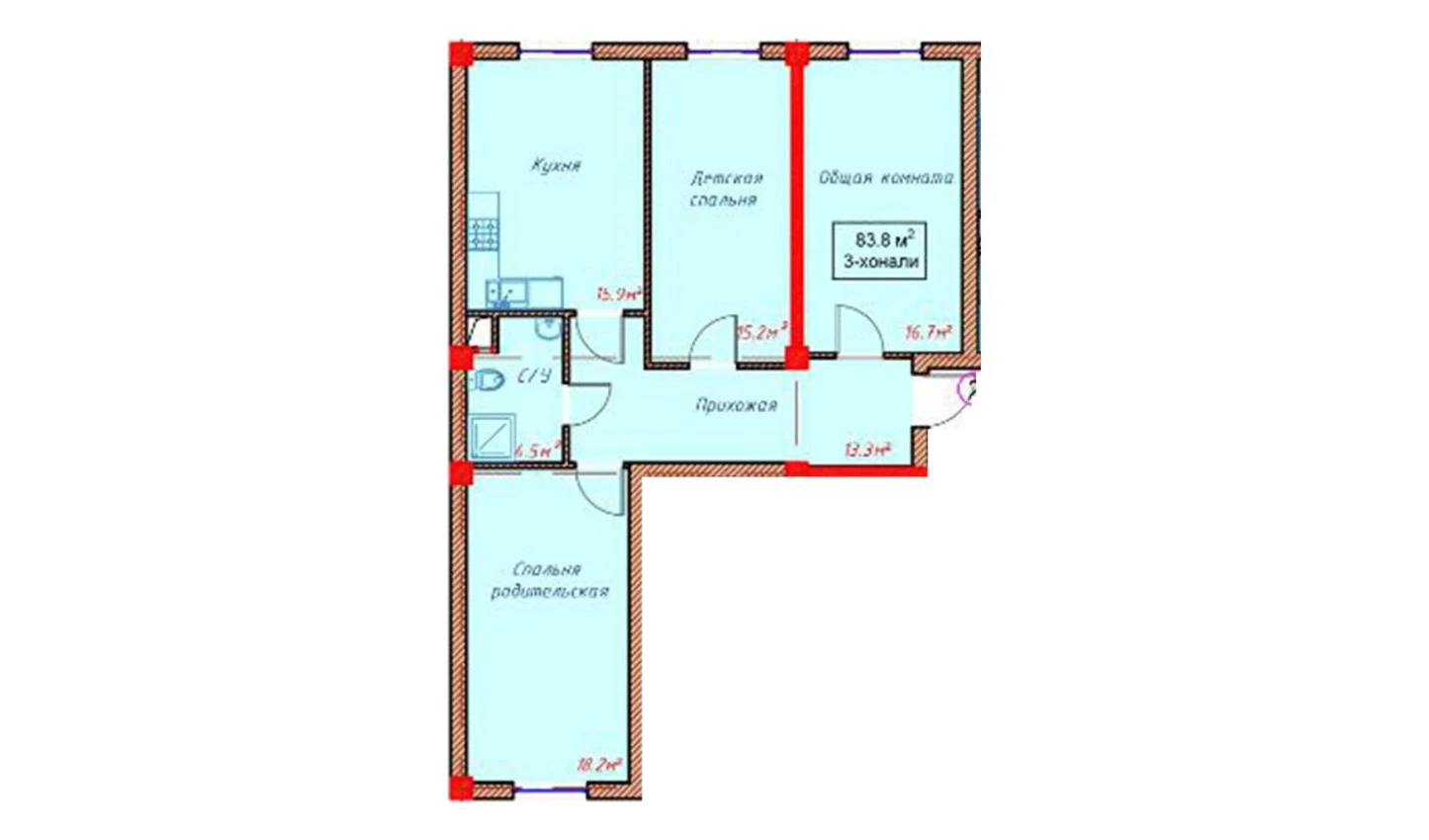 3-комнатная квартира 83.8 м²  1/1 этаж