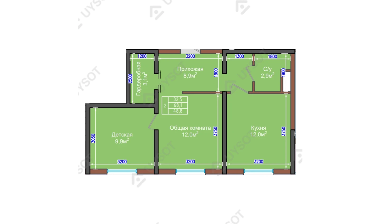 2-комнатная квартира 68.1 м²  2/2 этаж