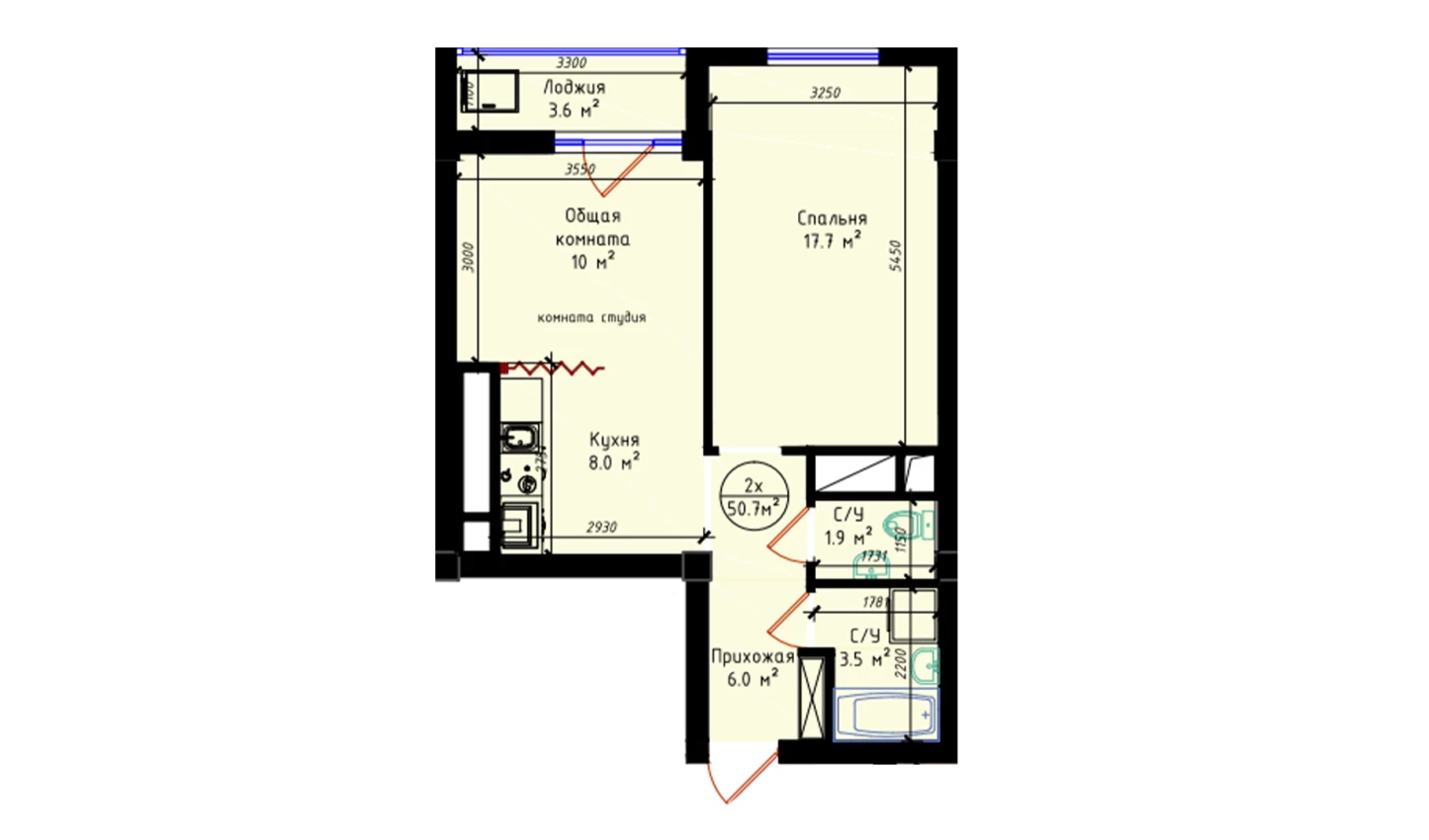 2-комнатная квартира 50.7 м²  2/2 этаж