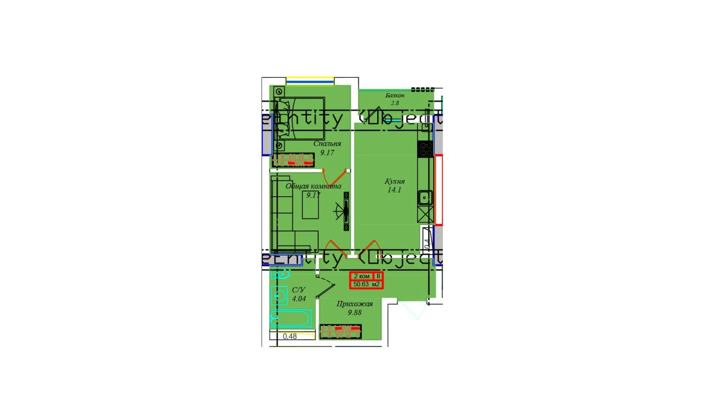 1-комнатная квартира 49.6 м²  4/4 этаж