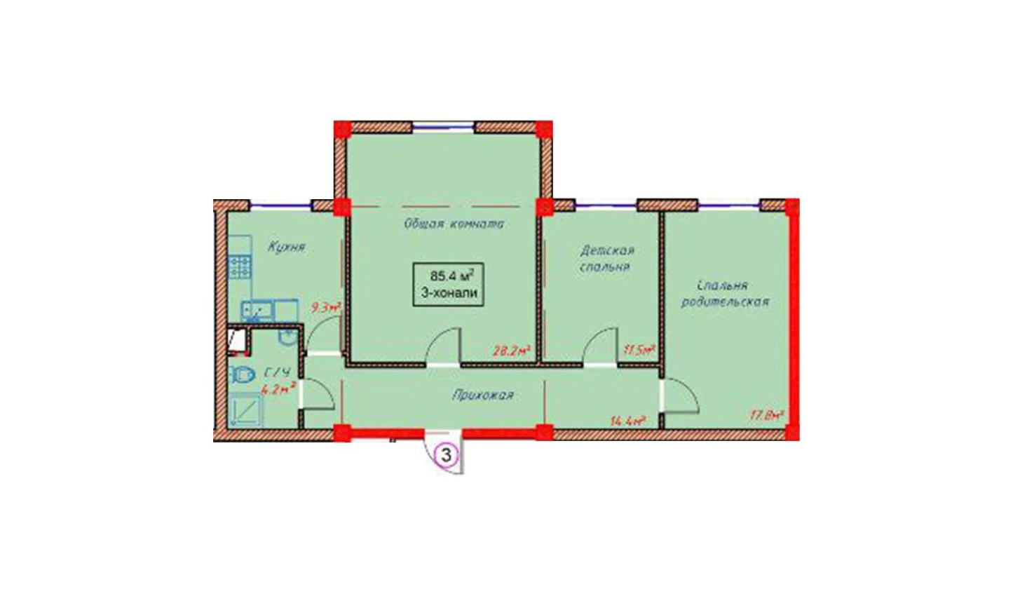 3-комнатная квартира 85.4 м²  1/1 этаж